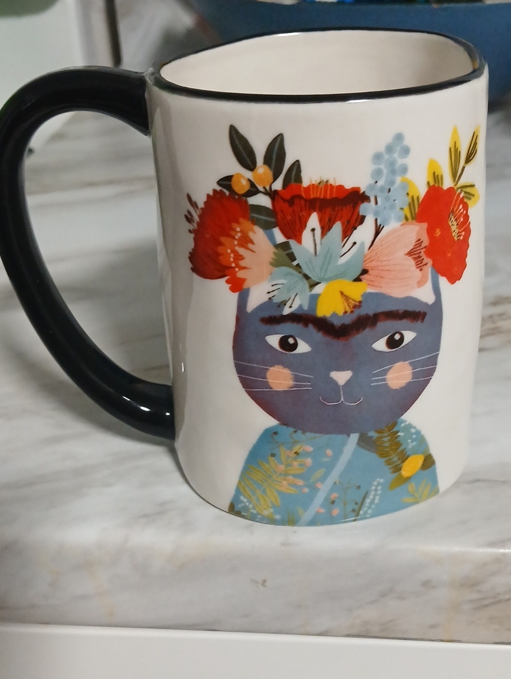 Floral Cat Ceramic Mug - White with Black Handle